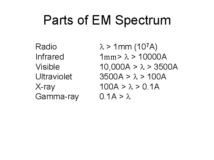 Parts of EM Spectrum Radio Infrared Visible Ultraviolet X-ray Gamma-ray l > 1 mm