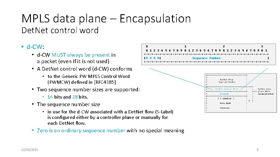MPLS data plane – Encapsulation Det. Net control word • d-CW: • d-CW MUST