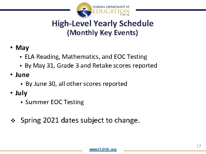 High-Level Yearly Schedule (Monthly Key Events) • May § § ELA Reading, Mathematics, and