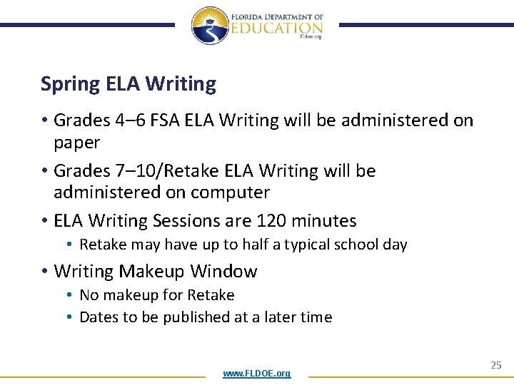 Spring ELA Writing • Grades 4– 6 FSA ELA Writing will be administered on