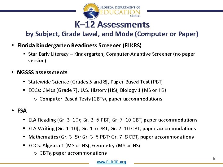 K– 12 Assessments by Subject, Grade Level, and Mode (Computer or Paper) • Florida