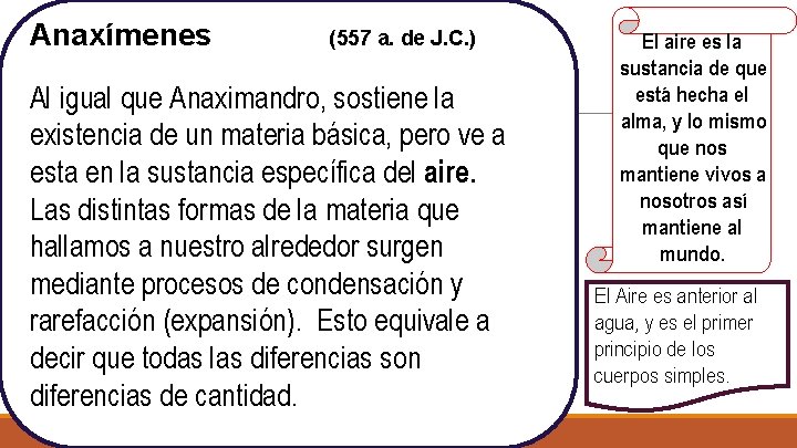 Anaxímenes (557 a. de J. C. ) Al igual que Anaximandro, sostiene la existencia