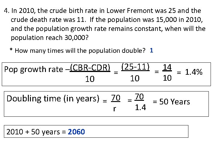 4. In 2010, the crude birth rate in Lower Fremont was 25 and the