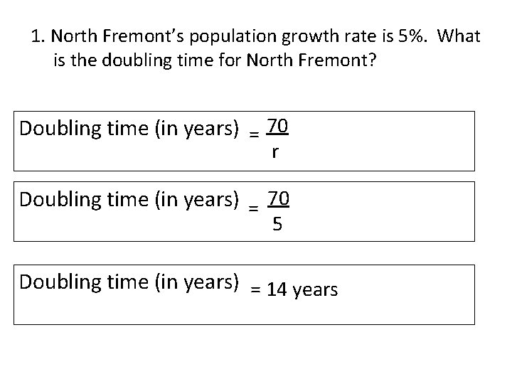 1. North Fremont’s population growth rate is 5%. What is the doubling time for