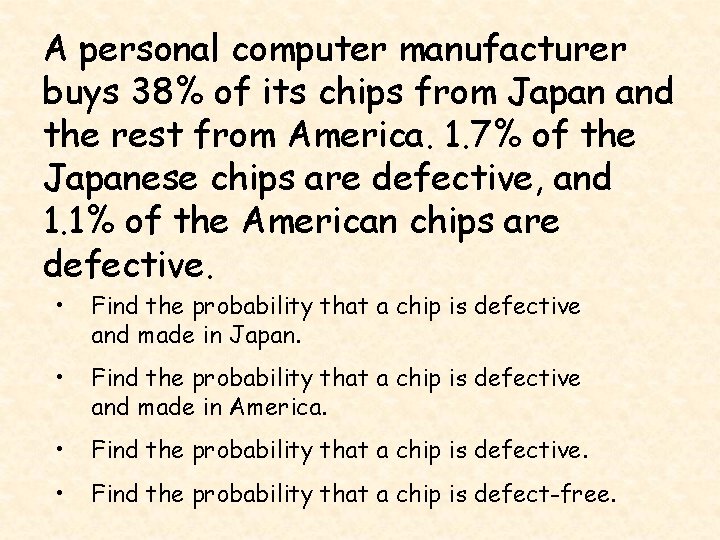 A personal computer manufacturer buys 38% of its chips from Japan and the rest