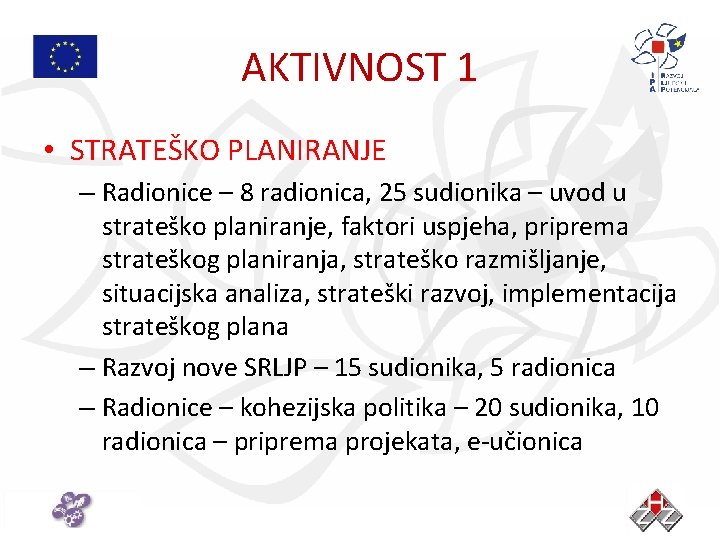 AKTIVNOST 1 • STRATEŠKO PLANIRANJE – Radionice – 8 radionica, 25 sudionika – uvod