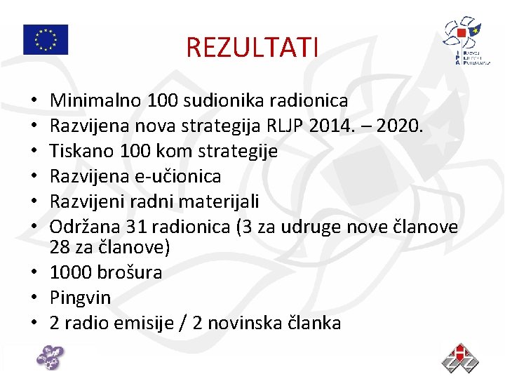 REZULTATI Minimalno 100 sudionika radionica Razvijena nova strategija RLJP 2014. – 2020. Tiskano 100