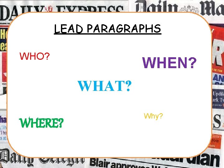 LEAD PARAGRAPHS WHO? WHEN? WHAT? WHERE? Why? 