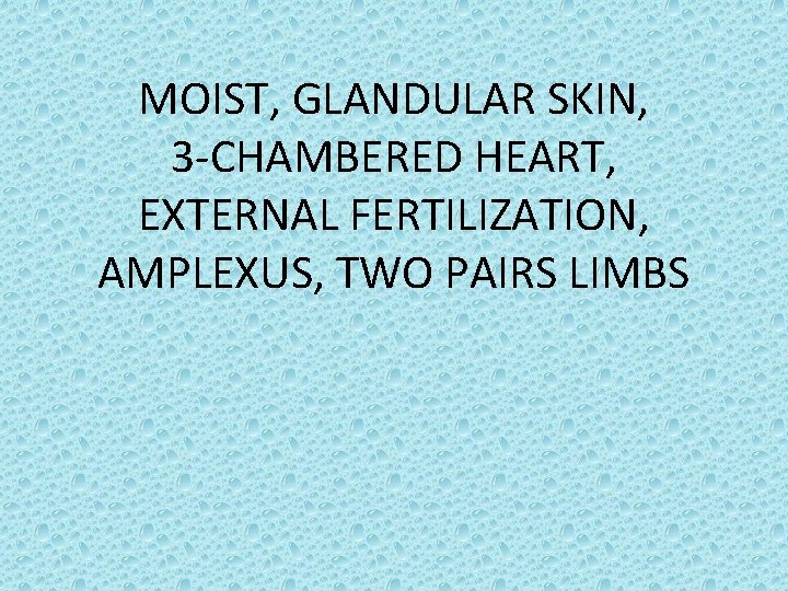 MOIST, GLANDULAR SKIN, 3 -CHAMBERED HEART, EXTERNAL FERTILIZATION, AMPLEXUS, TWO PAIRS LIMBS 