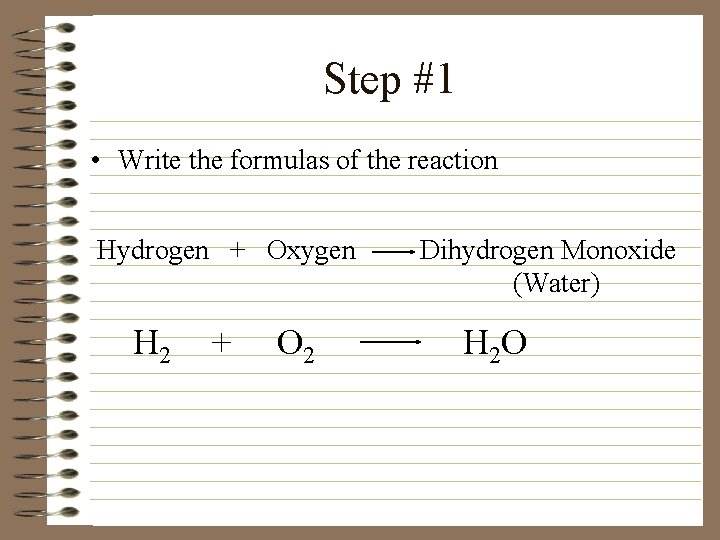 Step #1 • Write the formulas of the reaction Hydrogen + Oxygen H 2