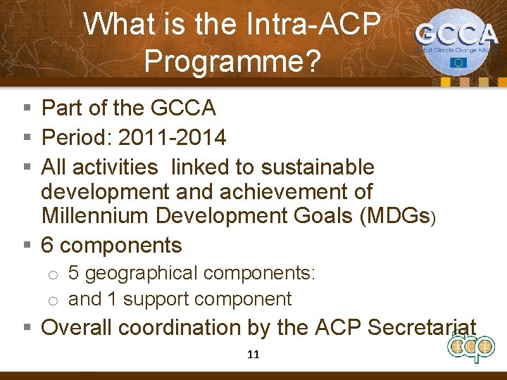 What is the Intra-ACP Programme? § Part of the GCCA § Period: 2011 -2014