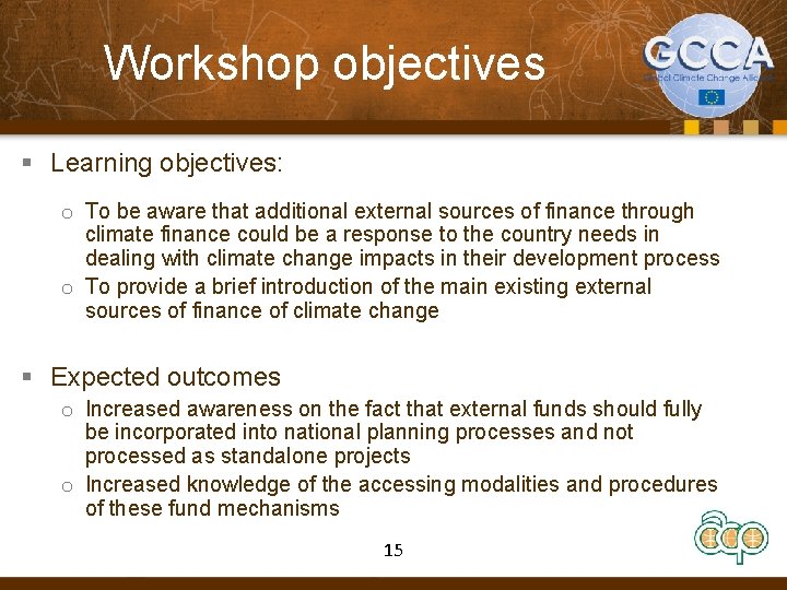 Workshop objectives § Learning objectives: o To be aware that additional external sources of