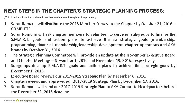 NEXT STEPS IN THE CHAPTER'S STRATEGIC PLANNING PROCESS: (This timeline allows for continued member