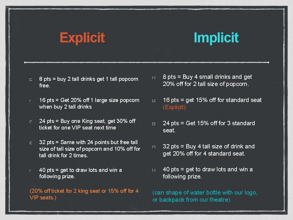Explicit Implicit 8 pts = buy 2 tall drinks get 1 tall popcorn free.