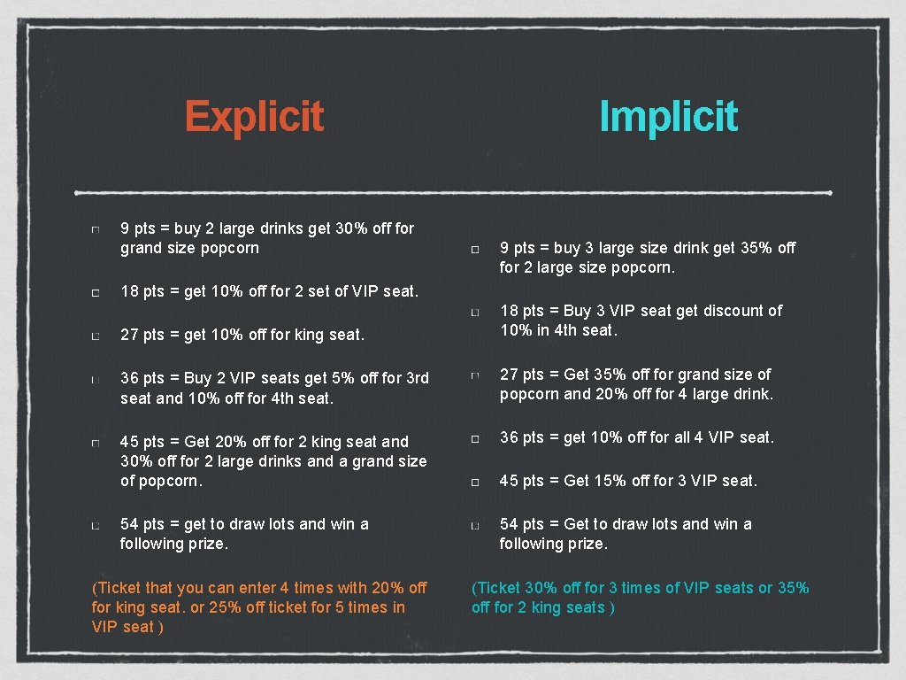 Explicit 9 pts = buy 2 large drinks get 30% off for grand size