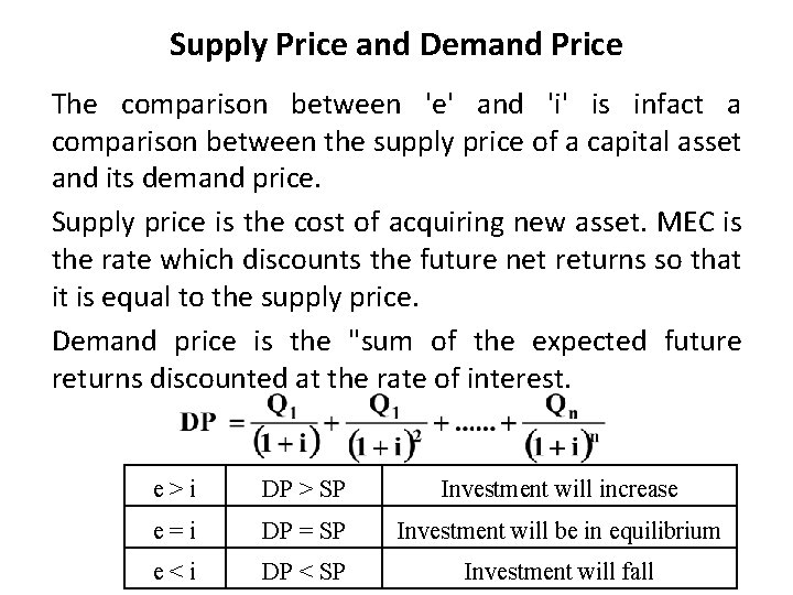 Supply Price and Demand Price The comparison between 'e' and 'i' is infact a
