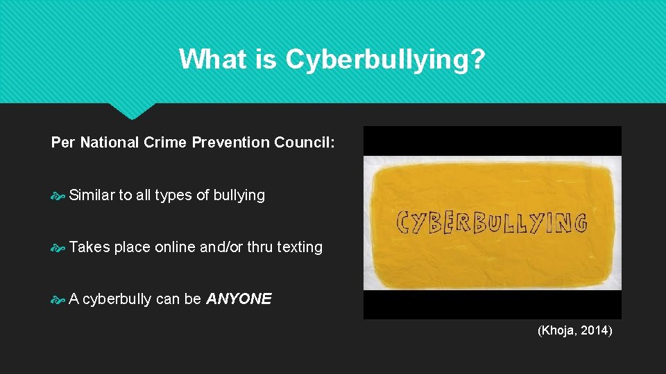 What is Cyberbullying? Per National Crime Prevention Council: Similar to all types of bullying