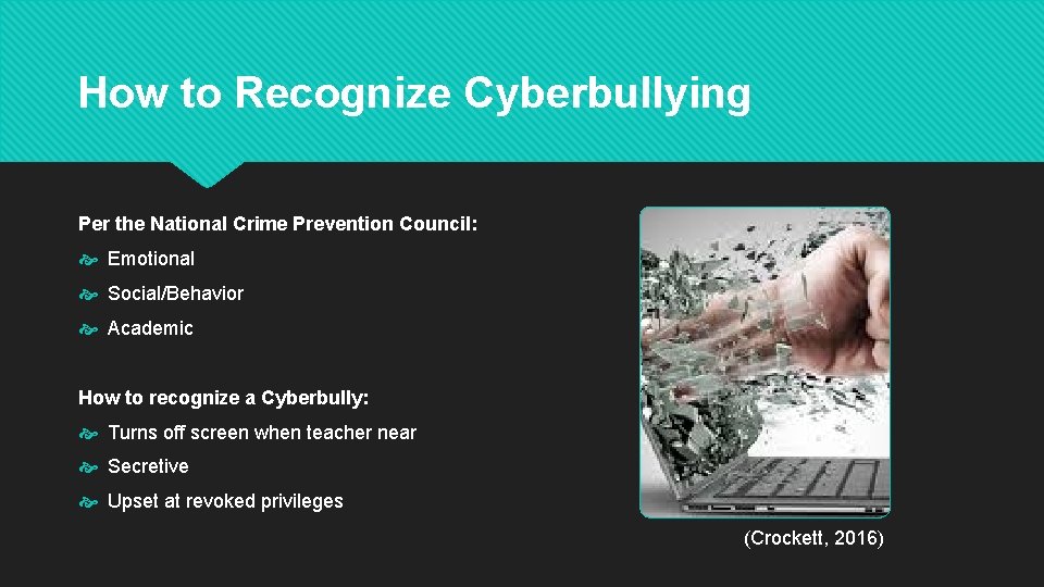 How to Recognize Cyberbullying Per the National Crime Prevention Council: Emotional Social/Behavior Academic How