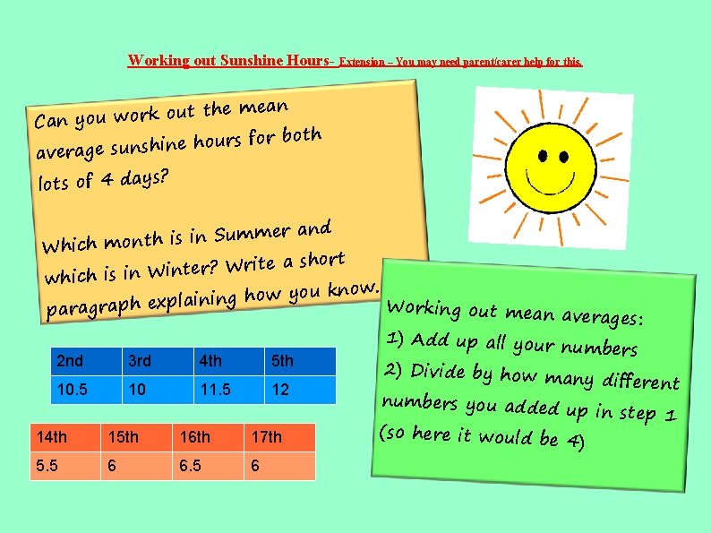 Working out Sunshine Hours- Extension – You may need parent/carer help for this. he