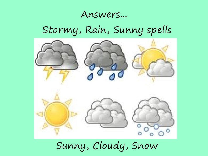 Answers. . . Stormy, Rain, Sunny spells Sunny, Cloudy, Snow 