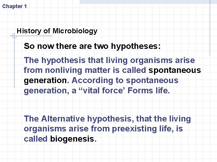 Chapter 1 History of Microbiology So now there are two hypotheses: The hypothesis that