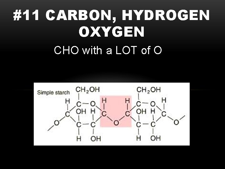 #11 CARBON, HYDROGEN OXYGEN CHO with a LOT of O 
