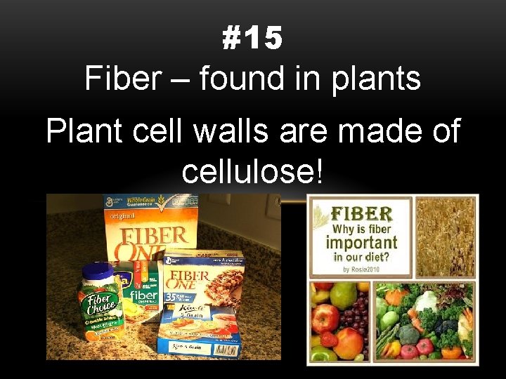 #15 Fiber – found in plants Plant cell walls are made of cellulose! 
