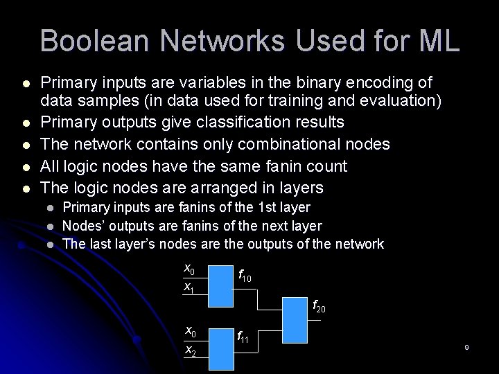 Boolean Networks Used for ML l l l Primary inputs are variables in the