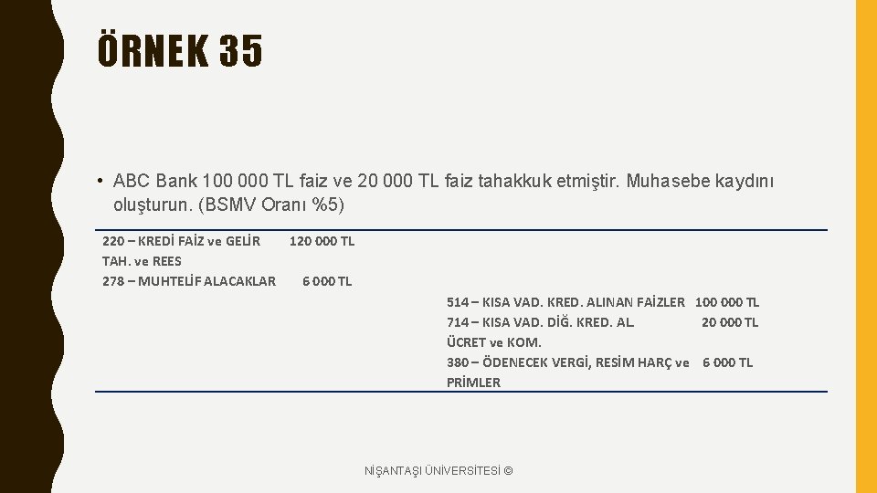 ÖRNEK 35 • ABC Bank 100 000 TL faiz ve 20 000 TL faiz