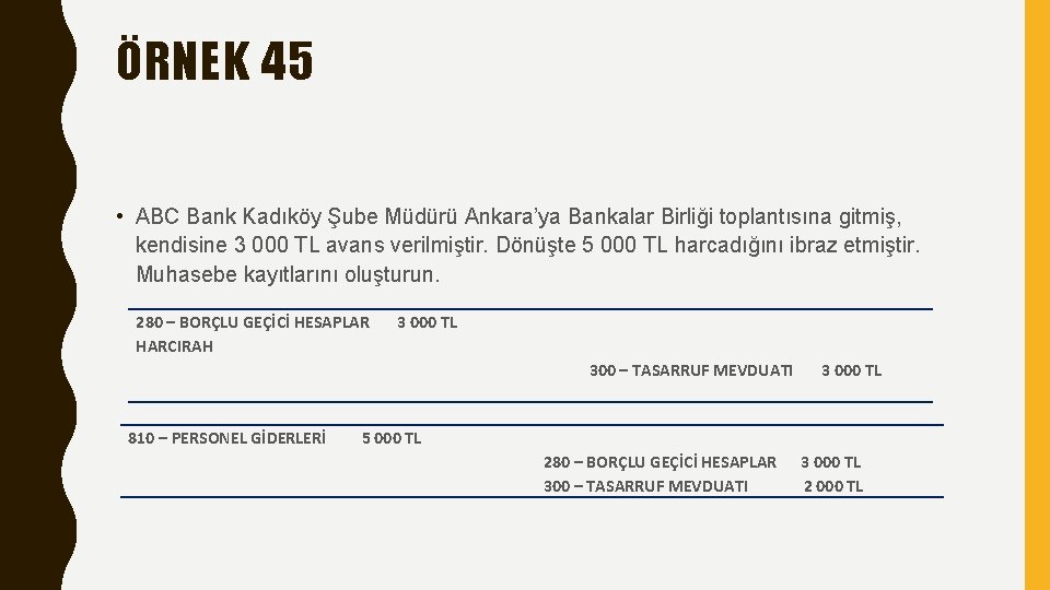 ÖRNEK 45 • ABC Bank Kadıköy Şube Müdürü Ankara’ya Bankalar Birliği toplantısına gitmiş, kendisine