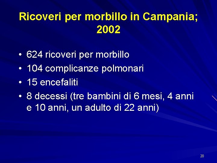 Ricoveri per morbillo in Campania; 2002 • • 624 ricoveri per morbillo 104 complicanze