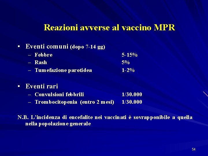 Reazioni avverse al vaccino MPR • Eventi comuni (dopo 7 -14 gg) – Febbre
