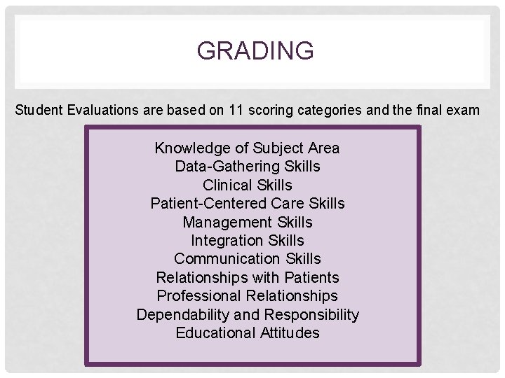 GRADING Student Evaluations are based on 11 scoring categories and the final exam Knowledge