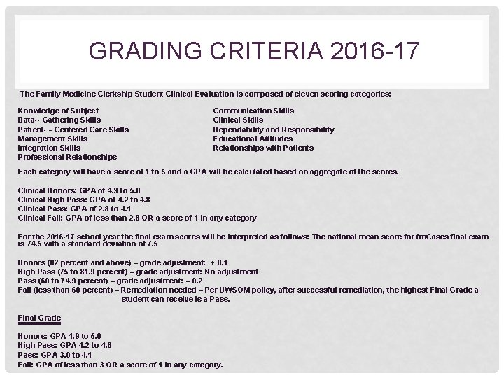 GRADING CRITERIA 2016 -17 The Family Medicine Clerkship Student Clinical Evaluation is composed of