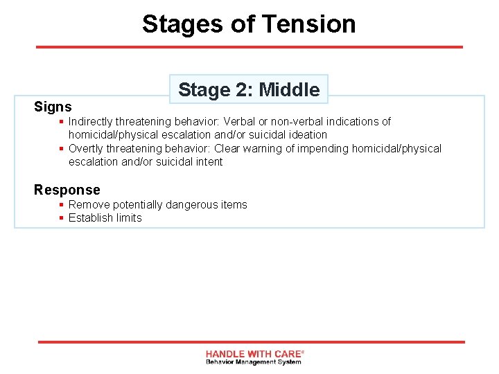 Stages of Tension Signs Stage 2: Middle § Indirectly threatening behavior: Verbal or non-verbal