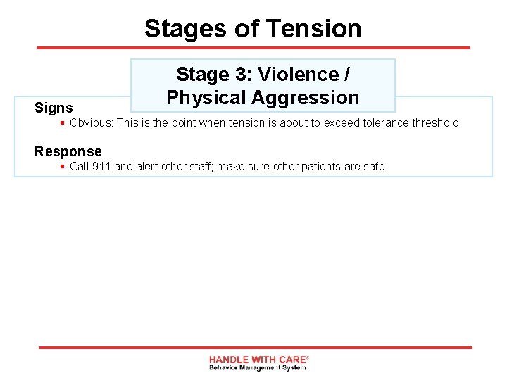Stages of Tension Signs Stage 3: Violence / Physical Aggression § Obvious: This is