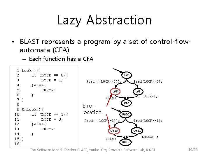 Lazy Abstraction • BLAST represents a program by a set of control-flowautomata (CFA) –