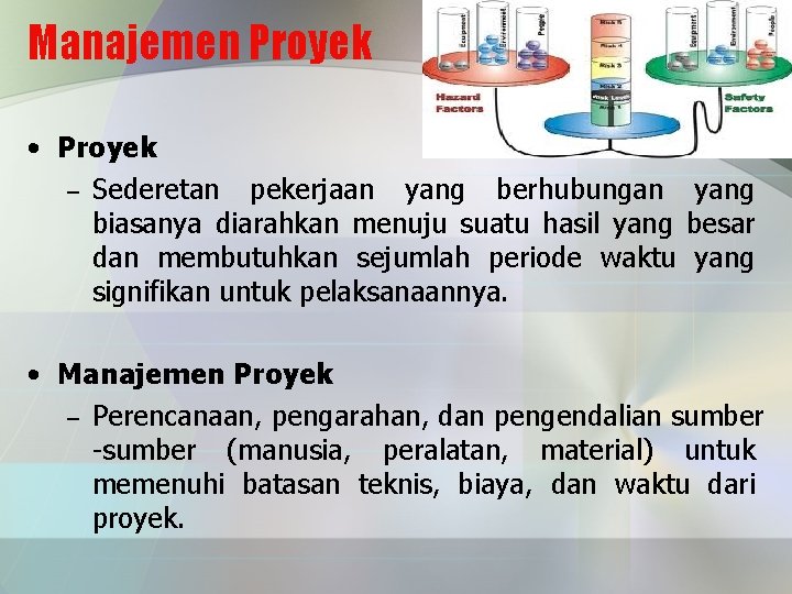 Manajemen Proyek • Proyek – Sederetan pekerjaan yang berhubungan yang biasanya diarahkan menuju suatu