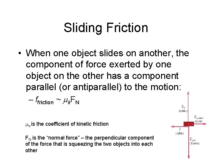 Sliding Friction • When one object slides on another, the component of force exerted