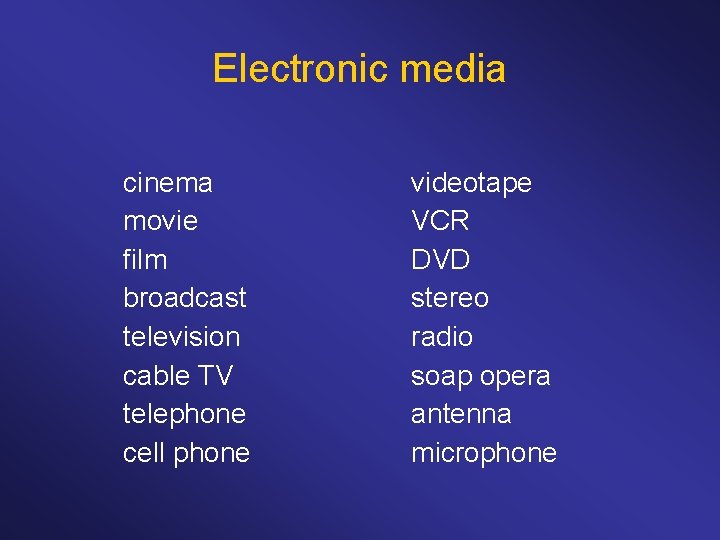 Electronic media cinema movie film broadcast television cable TV telephone cell phone videotape VCR