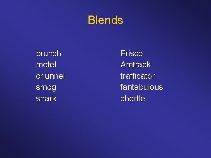 Blends brunch motel chunnel smog snark Frisco Amtrack trafficator fantabulous chortle 