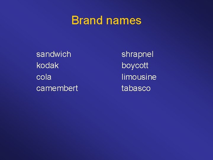 Brand names sandwich kodak cola camembert shrapnel boycott limousine tabasco 