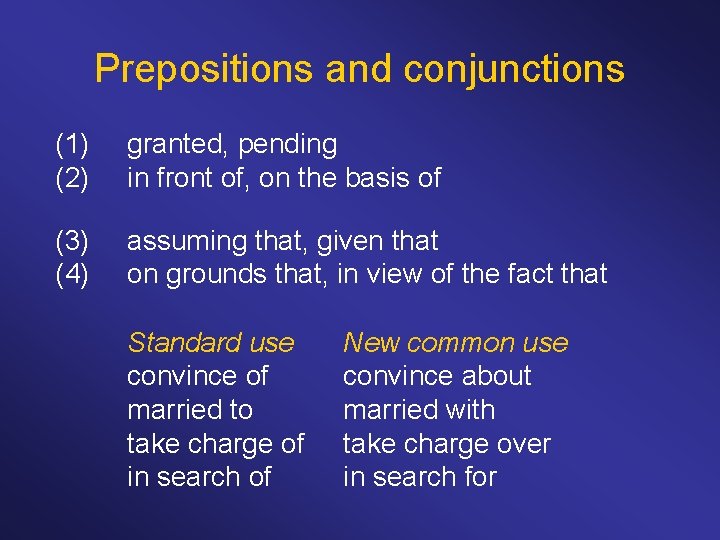 Prepositions and conjunctions (1) (2) granted, pending in front of, on the basis of