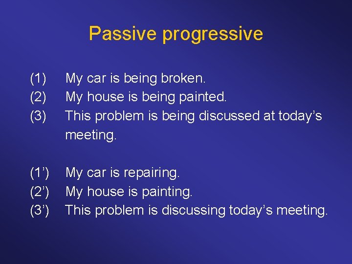 Passive progressive (1) (2) (3) My car is being broken. My house is being