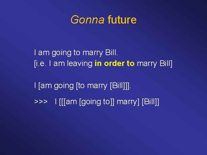 Gonna future I am going to marry Bill. [i. e. I am leaving in