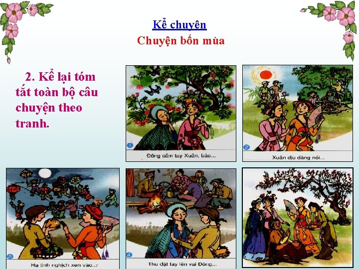 Kể chuyện Chuyện bốn mùa 2. Kể lại tóm tắt toàn bộ câu chuyện