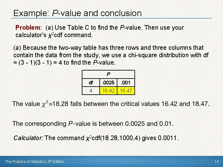 Example: P-value and conclusion Problem: (a) Use Table C to find the P-value. Then