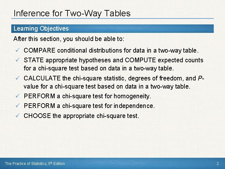 Inference for Two-Way Tables Learning Objectives After this section, you should be able to: