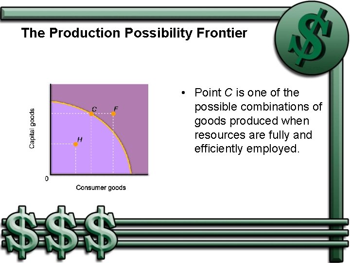 The Production Possibility Frontier • Point C is one of the possible combinations of