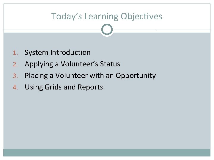 Today’s Learning Objectives 1. System Introduction 2. Applying a Volunteer’s Status 3. Placing a
